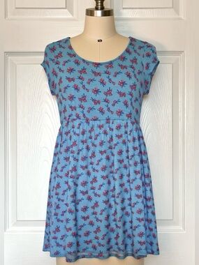 Light Blue Floral Casual Dress with Pink Print - Women’s Spring/Summer